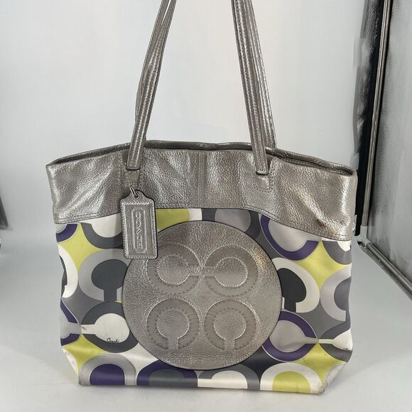 Coach  14970 Julia Op Art Signature Shoulder Tote Bag Silver 16”X13” - Picture 1 of 9